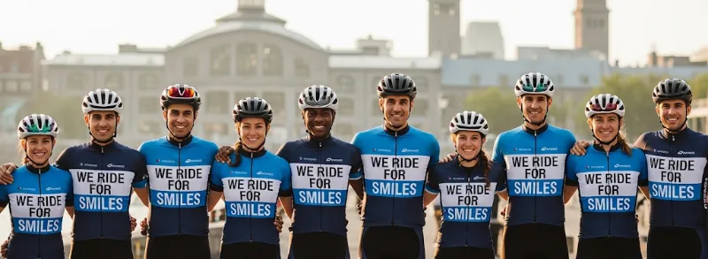 Realistic AI-generated photograph of cyclists wearing 'We Ride For Smiles' jerseys.